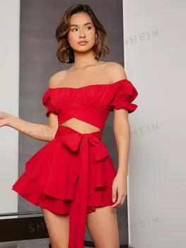 Топ WYWH и многослойные шорты, завязка спереди, открытые плечи Shein, красный