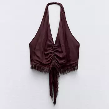 Топ Zara Asymmetric Frayed, коричневато-бордовый