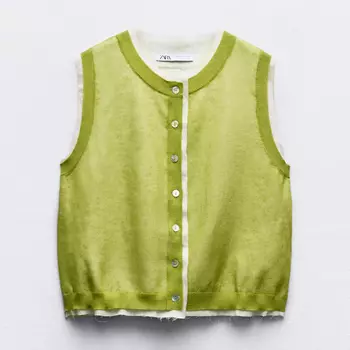Топ Zara Contrast Linen Blend, фисташковый