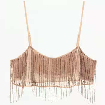 Топ Zara Crepe With Fringing And Beads, розовато-бежевый