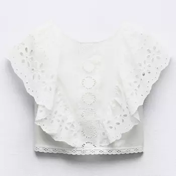 Топ Zara Cutwork Embroidered With Ruffles, белый