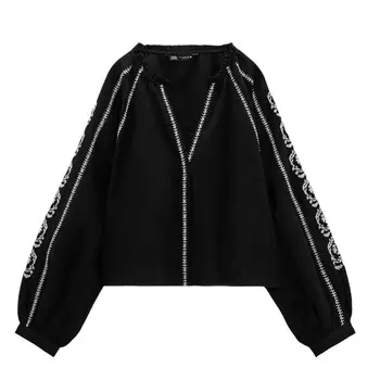 Топ Zara Embroidered Linen Blend, черный