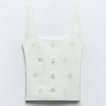 Топ Zara Embroidered Stretch Knit, белый