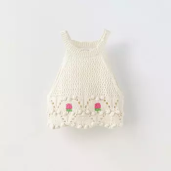 Топ Zara Floral Embroidery Knit, белый
