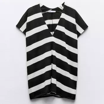 Топ Zara Knit V-neck, черный/белый