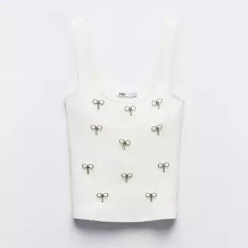 Топ Zara Rhinestone Ribbed, белый