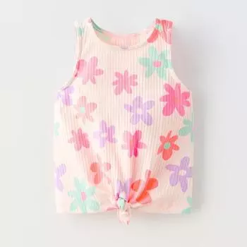 Топ Zara Ribbed Floral With Knot, светло-розовый