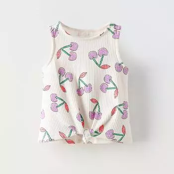 Топ Zara Summer Camp Ribbed Cherry Print, молочный/сиреневый