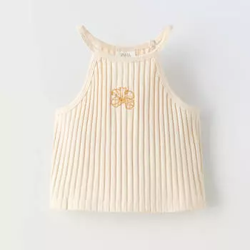 Топ Zara Summer Camp Ribbed Embroidery, бежевый