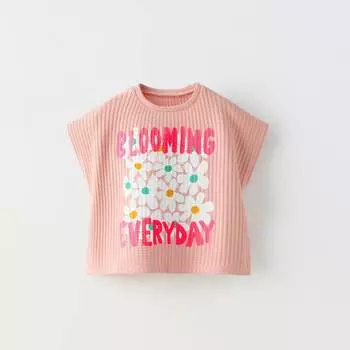 Топ Zara Summer Camp Waffle-texture Floral Embroidery, бежево-розовый