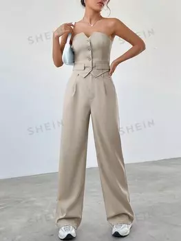 Топ женский и брюки Shein Ezwear с однобортной застежкой, абрикосовый