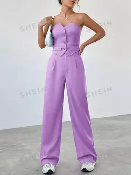 Топ женский и брюки Shein Ezwear с однобортной застежкой, сиреневый