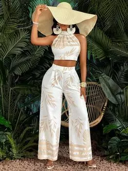 Топ женский и брюки Shein Slayr с контрастной полоской, абрикосовый