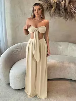 Топ женский и брюки Shein SXY с узлом спереди, абрикосовый