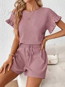 Топ женский и шорты Shein Essnce с круглым вырезом и рукавами, розовый