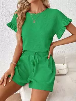 Топ женский и шорты Shein Essnce с круглым вырезом, зеленый