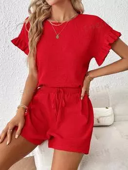 Топ женский и шорты Shein Essnce с круглым вырезом, красный