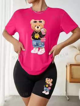 Топ женский и шорты Shein Lune с принтом плюшевого мишки, розовый / черный