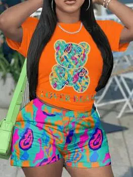 Топ женский и шорты Shein Lune с принтом кролика, оранжевый