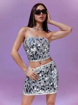 Топ женский и юбка Shein Icon без бретелек, серебряный