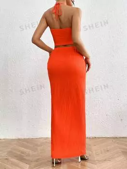 Топ женский с бретелькой Shein Priv и плиссированная юбка, оранжевый