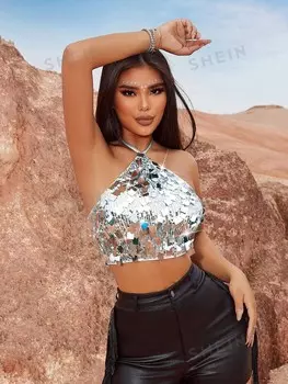 Топ женский Shein SXY с крупной текстурой и блестками, серебряный