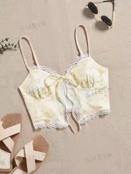 Топ женский Shein WYWH с ярким цветочным принтом и кружевной отделкой, желтый