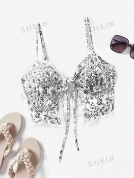 Топ женский Shein WYWH с ярким цветочным принтом и кружевной отделкой, черный