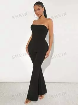 Топ женский укороченный Shein SXY с боковым разрезом и расклешенными брюками, черный