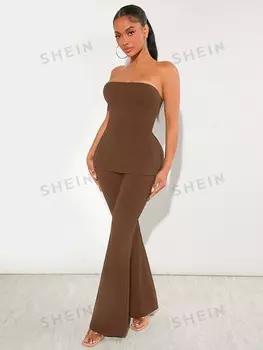 Топ женский укороченный Shein SXY с расклешенными брюками, кофейный