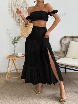 Топ женский укороченный Shein Vcay и юбка-миди с разрезом по подолу, черный