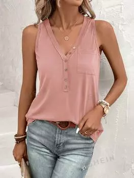 Топ-жилет Shein с V-образным вырезом и накладными карманами, розовый