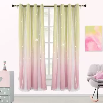 Topchances 2 панельные шторы, плотные шторы, детская комната и спальня, звездные шторы, спальня, гостиная, красочные двухслойные оконные шторы со звездами (желтый + розовый, 52 х 95 дюймов), бежевый