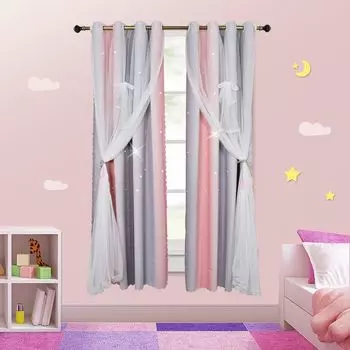 Topchances 2 шт. Шторы для детской комнаты с люверсами - В 213 x Ш 132 см. Звездные шторы с вуалью. Штора для детской комнаты для девочек, занавеска с люверсами, розовая., розовый