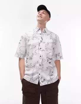 Topman — белая рубашка свободного кроя с короткими рукавами из смесового льна с принтом