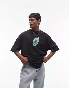 Topman — черная футболка большого размера с размытым цветочным принтом спереди и сзади
