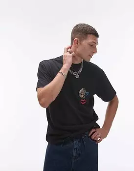 Topman — черная футболка оверсайз с абстрактным принтом в виде лица и эффектом потертости