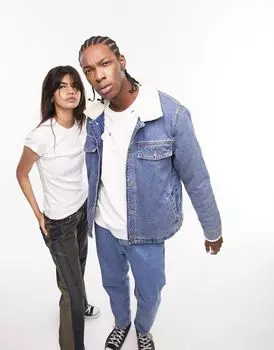 Topman — джинсовая куртка среднего синего цвета с флисовым воротником борг