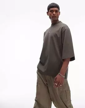 Topman – футболка из качественной прочной ткани темно-зеленого цвета повседневного кроя с рукавами средней длины, 300 г/м