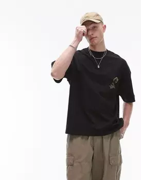 Topman Premium – черная футболка экстремального размера oversize с цветочным принтом спереди и сзади