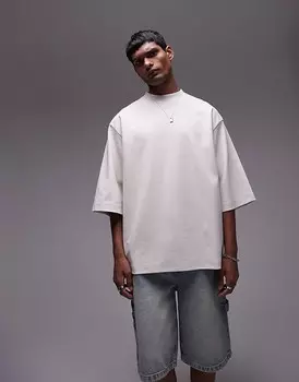 Topman Premium — плотная серо-бежевая футболка свободного кроя плотностью 300 г/м с рукавами до локтя