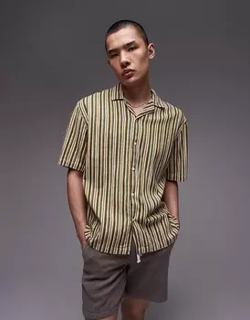 Topman – рубашка с короткими рукавами в зелено-желтую полоску свободного кроя
