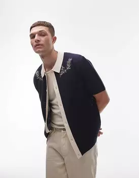 Topman – Рубашка свободного трикотажа темно-синего цвета с вышитым узором