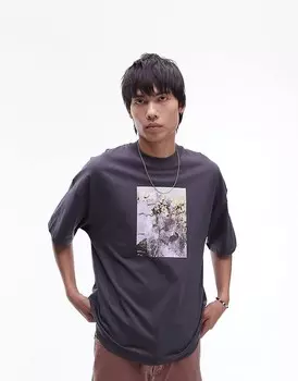 Topman – Высококачественная футболка большого размера антрацитового цвета с принтом из замороженных цветов