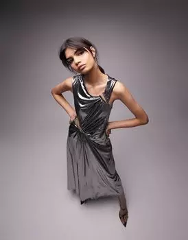 Topshop — асимметричное платье миди серебристого цвета с вырезом