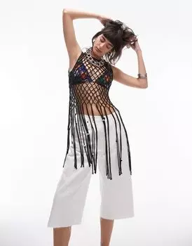 Topshop — асимметричный трикотажный топ черного цвета с перфорацией и бахромой