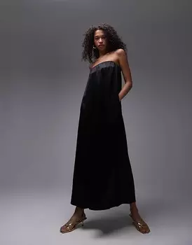 Topshop – Атласное платье макси без бретелек черного цвета