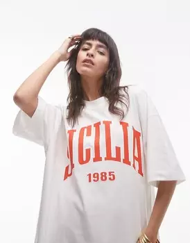 Topshop - Белая футболка премиум-класса супер-оверсайз с принтом «Сицилия»