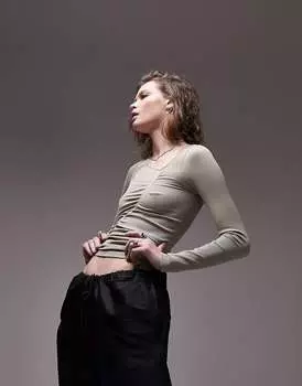 Топшоп бесшовный асимметричный топ с длинными рукавами и сборками шалфейного цвета Topshop