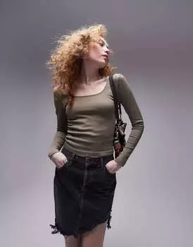 Топшоп бесшовный топ цвета хаки с квадратным вырезом и длинными рукавами Topshop